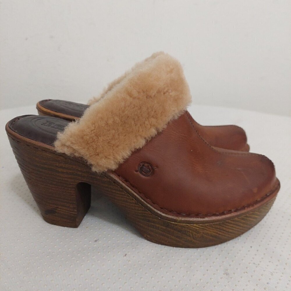 Born Y2K 90’s Brown Leather Shearling‎ Trim Mules Heels Chunky Platform Size 7M - Picture 3 of 10